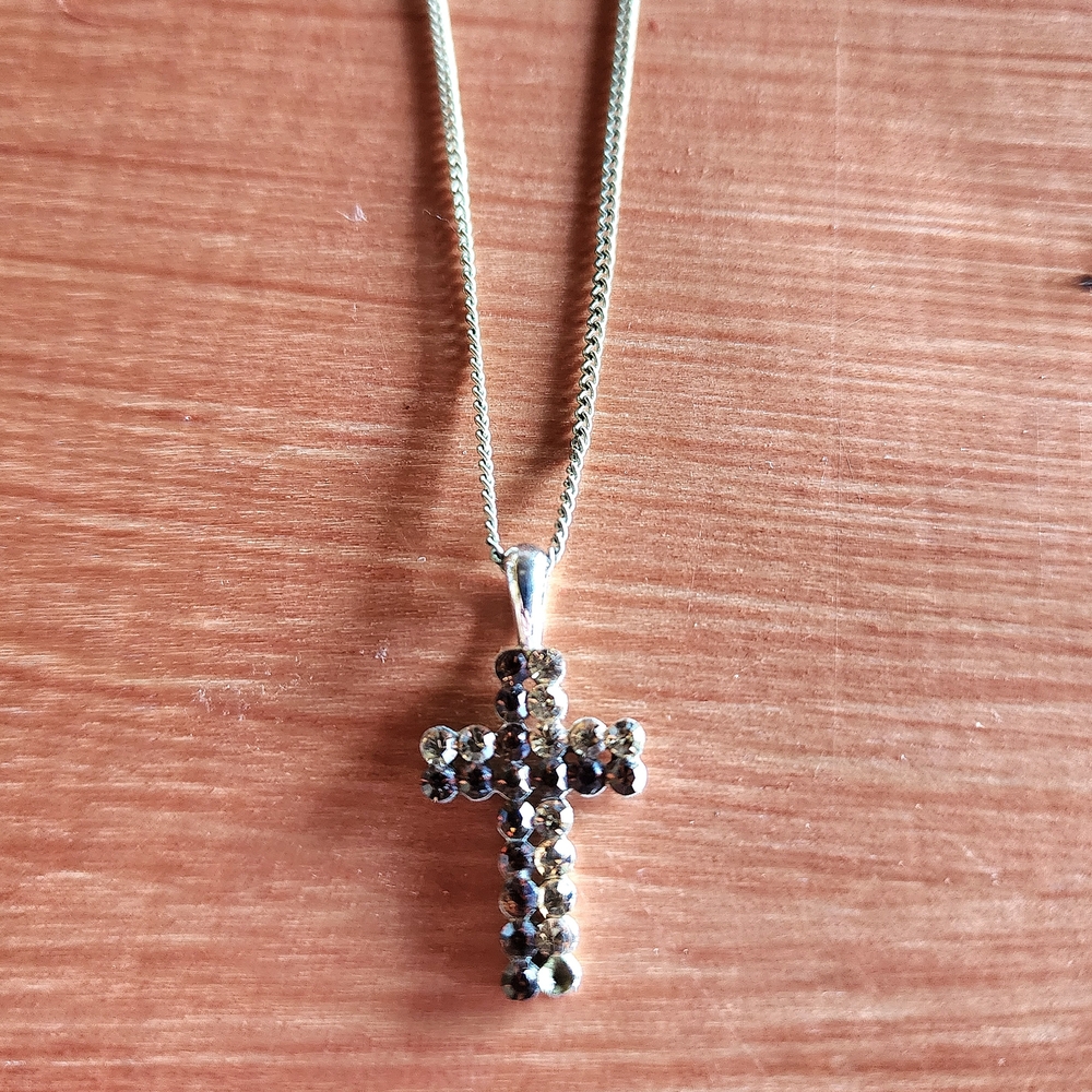 Vintage Silver Cross Necklace with Black Accents